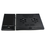Foldable laptop and tablet stand with phone holder, portable for desk use.
