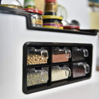 Multifunctional Kitchen Storage Organizer Rack with 6 Spice Containers, Knife & Spoon Holder, and Top Shelf