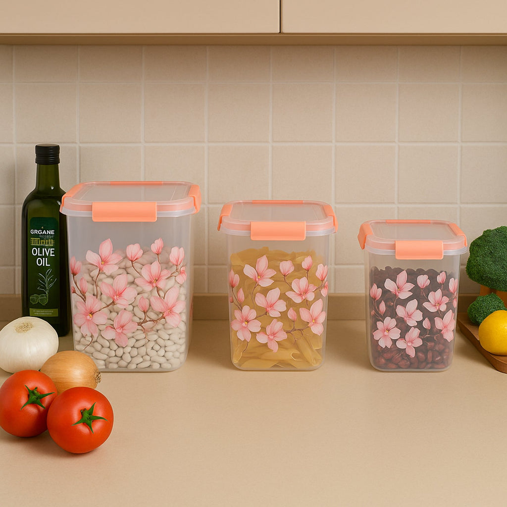 Square 3 Pcs Floral Printed Airtight Storage Container Set – Approx 2.8 Ltr, 4.5 Ltr, 6.9 Ltr (3 Pcs Set)
