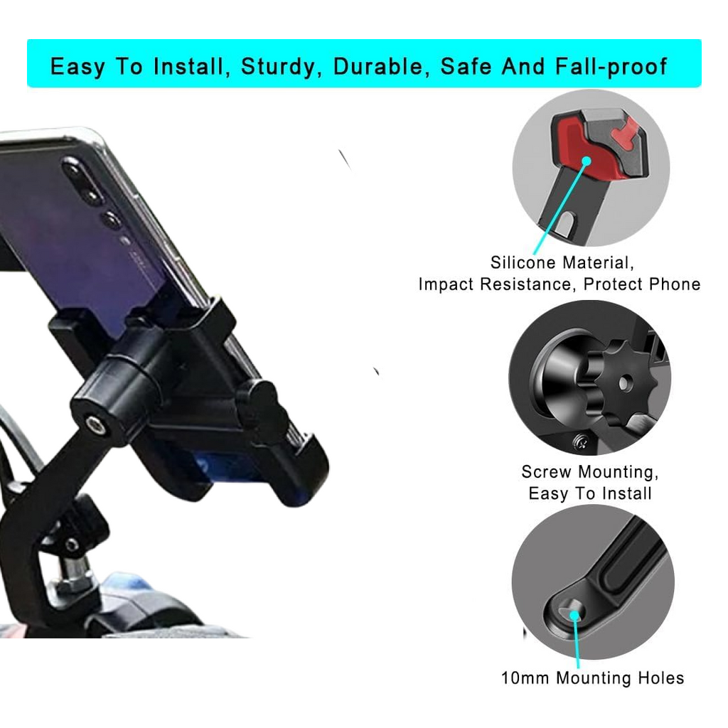 Mobile Phone Holder With Easy Adjustable Rear View Mirror Mount Solid Metal Cradle Stand Suitable for Bike & Mobile Phones