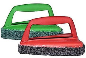 Bathroom brush with abrasive scrubber for tile cleaning